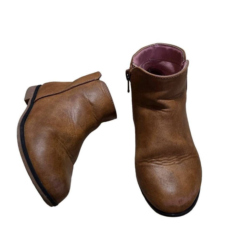 Cat & Jack Girls Size 10 Brown Cognac Zip-Up Ankle Boots Faux Leather